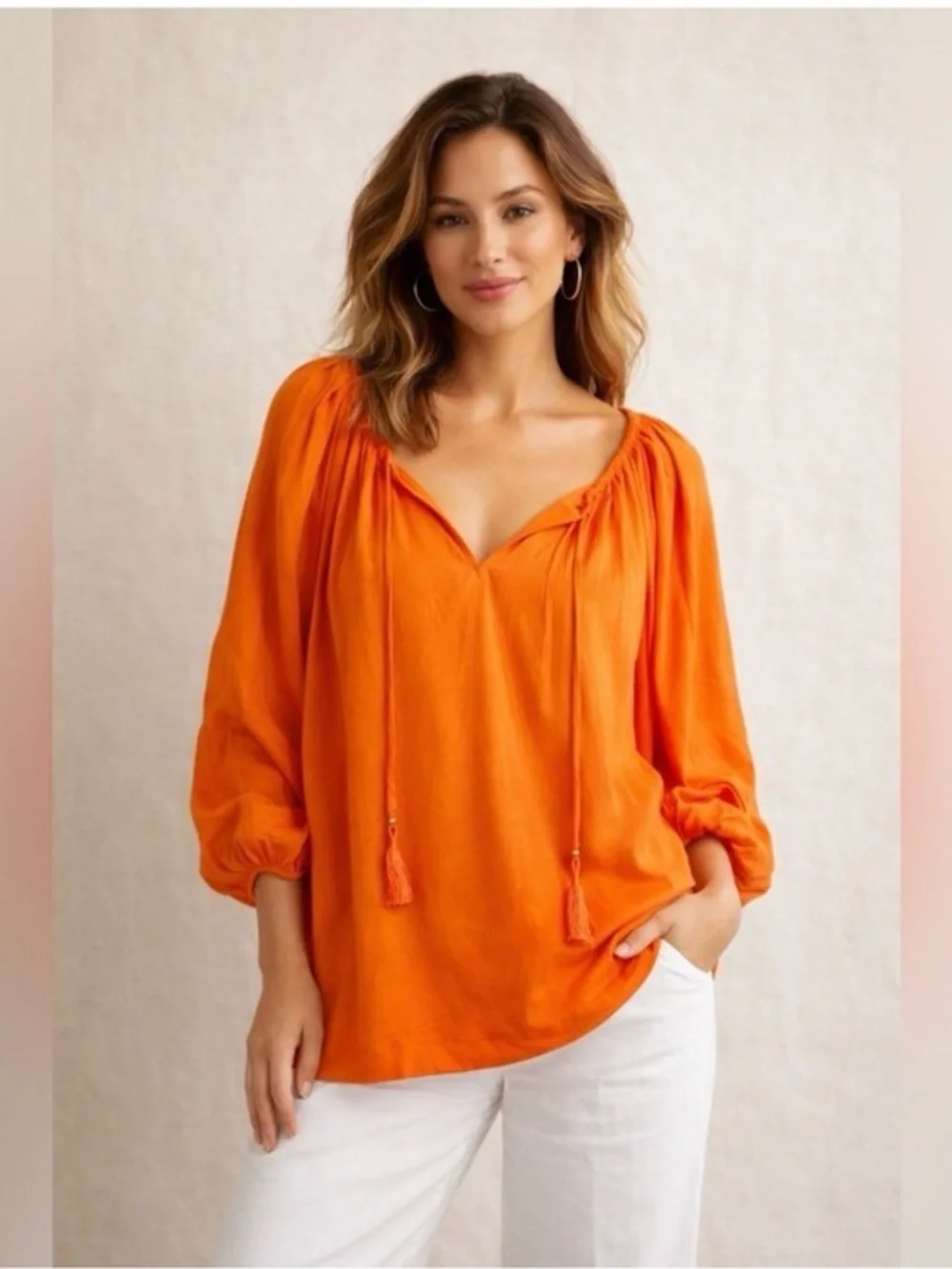 Trina Turk Orange Resort Blouse V Neck Tie Peasant Blouse Sx X-Large
